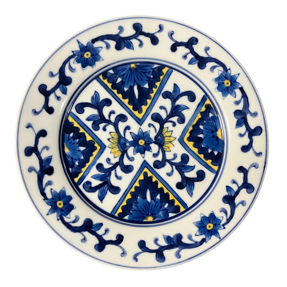 Hand Painted Italian Deruta Style Majolica 8" Plate Blue & Yellow Floral Ceramic